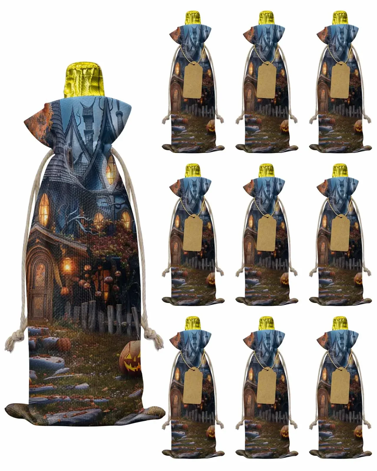 10pcs Halloween Castle PumpkinWine Bottle Bag with Drawstring Festive Party Decor Wine Bottle Covers Gift