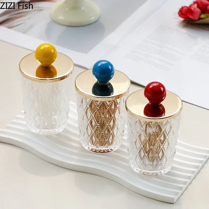 

Metal Covered Glass Jar Toothpick Jar Cotton Swab Box Storage Tank Candy Jars Food Containers Organizer Storage Bottle Tea Caddy