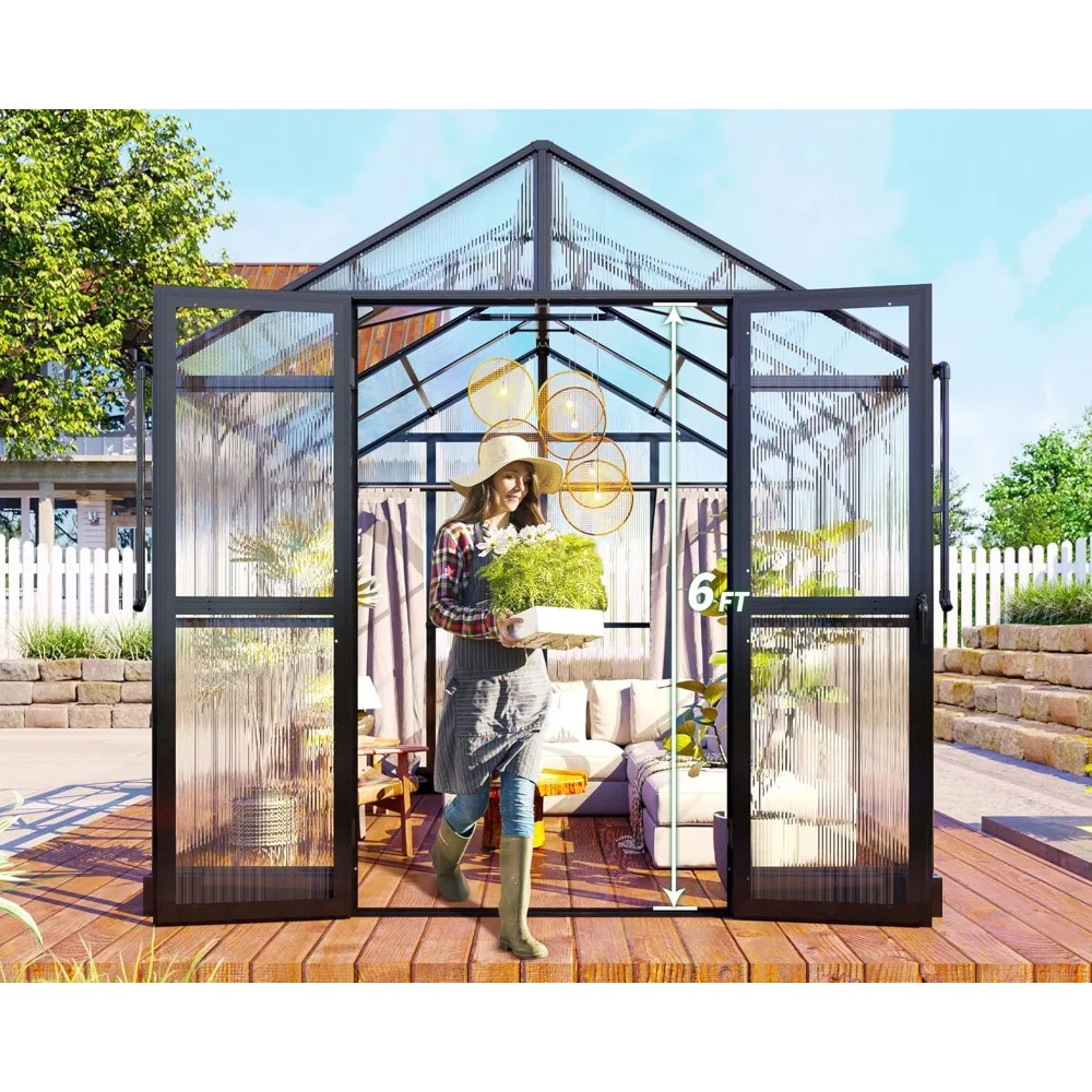 Walk in Greenhouse,  W/Ventilation and Rain Gutter, Double Swing Doors with Hook, Outdoor Aluminum Polycarbonate Greenhouse