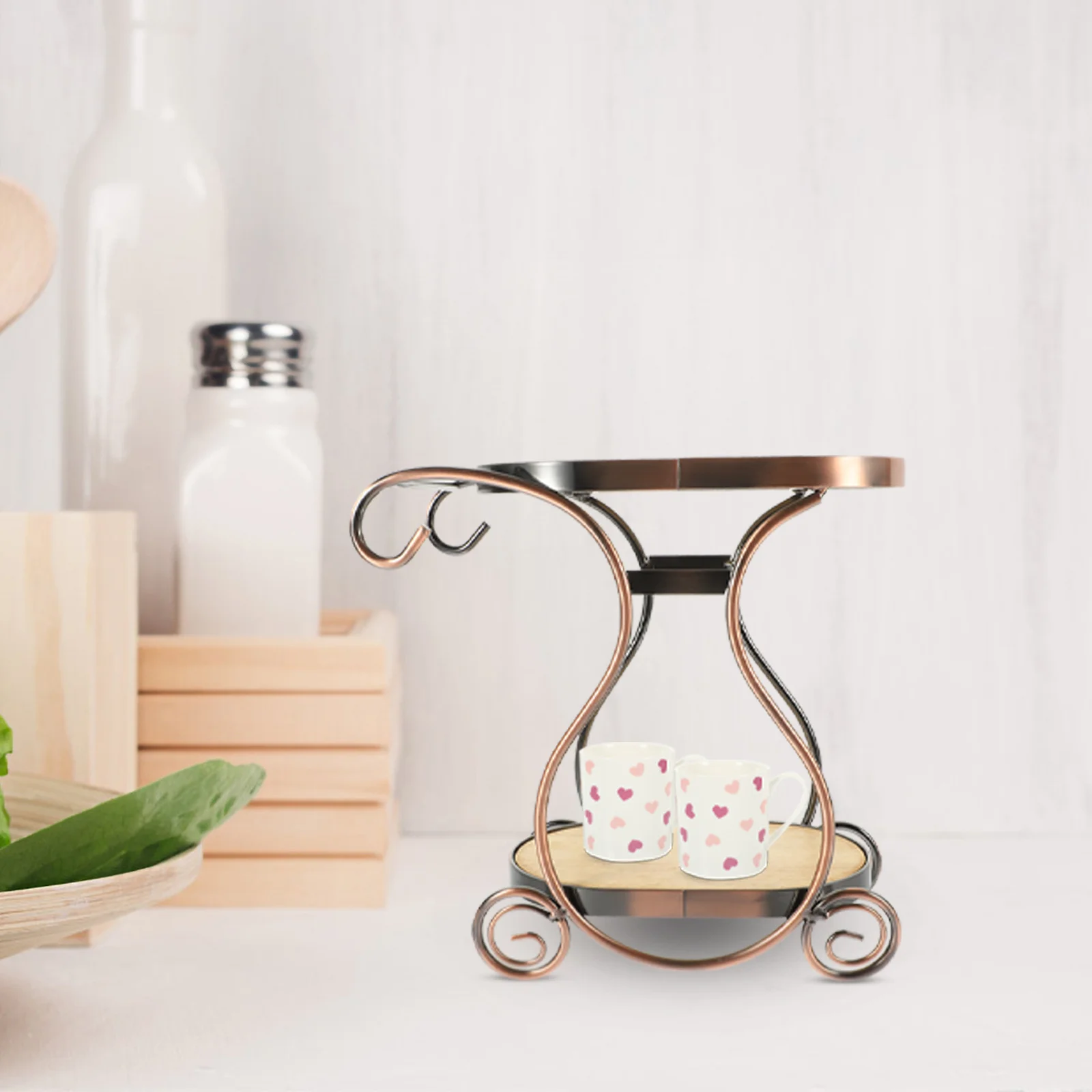 Cup Storage Rack Iron Wood Double Layer Coffee Mug Organizer Desktop Decorative Holder for Kitchen Cup Storage Rack