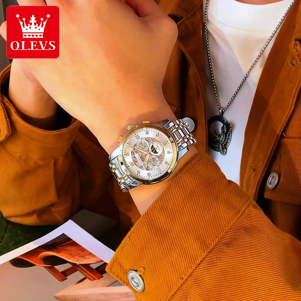 OLEVS Mode herren Uhren Top Marke Edelstahl Original Automatische Mechanische Armbanduhr Aushöhlen Selbst-winding Schwungrad