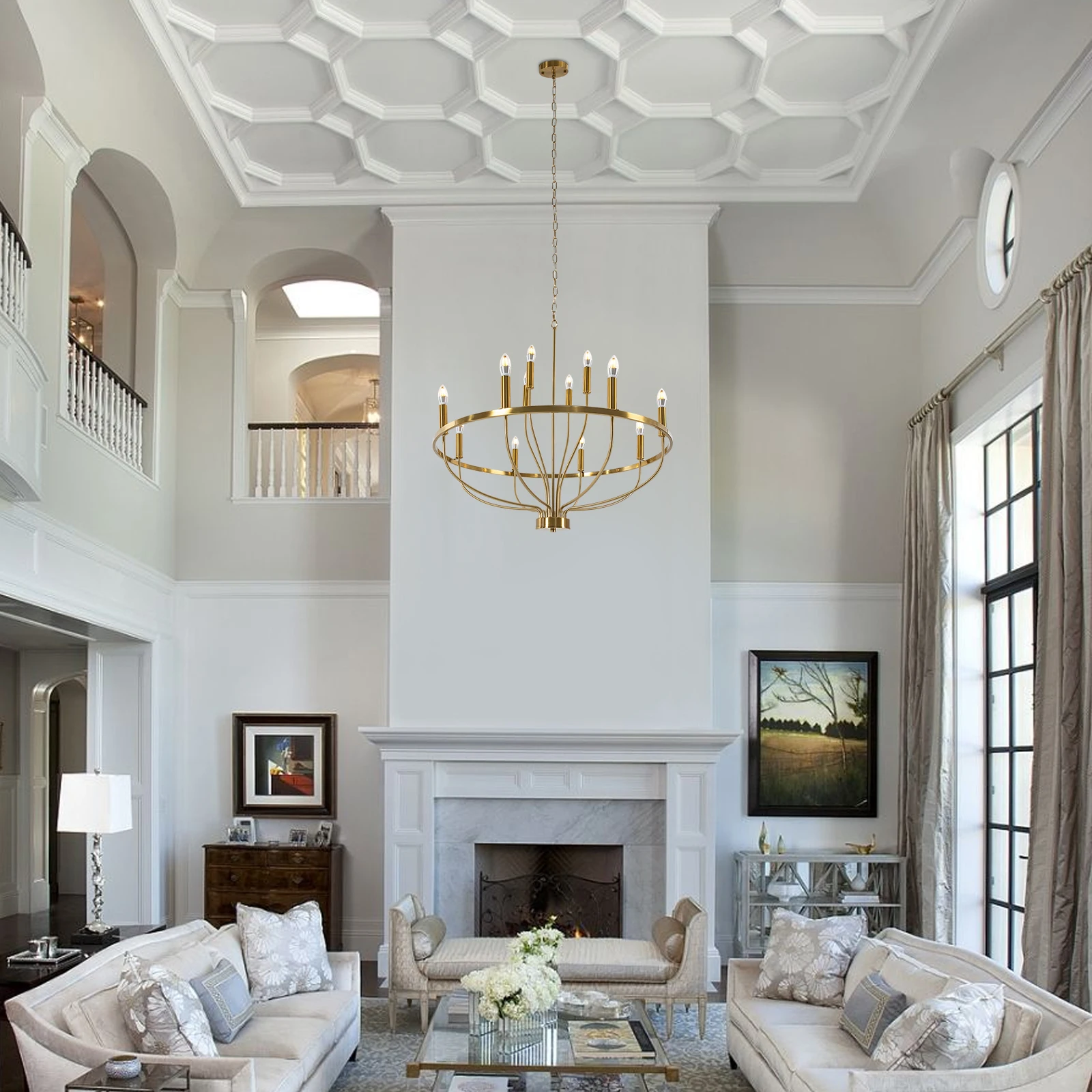 12 مصباح معلق ذهبي بقطر 100 سم - بدون مصدر ضوء، أضواء قلادة المطاعم، أضواء قلادة صناعية