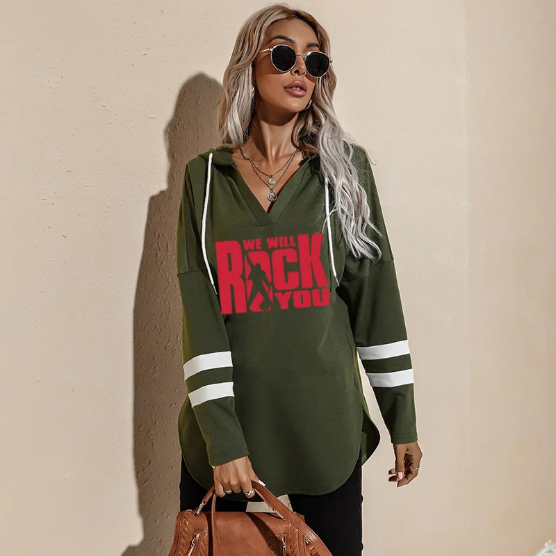 Women's V-Neck Cotton Hooded Shirt Queen Rock Band Rock Roll Clothing Long Sleeve We Will Rock You