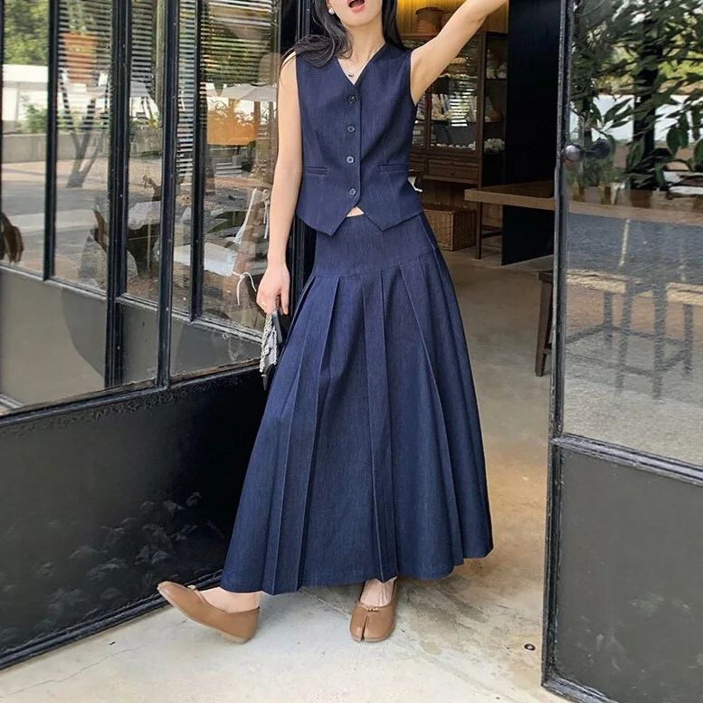 

Casual Women's Vintage Two Piece Set Sleeveless Vest Single Button Top High Waist Spring Fashion Skirts Female Summer Outfit