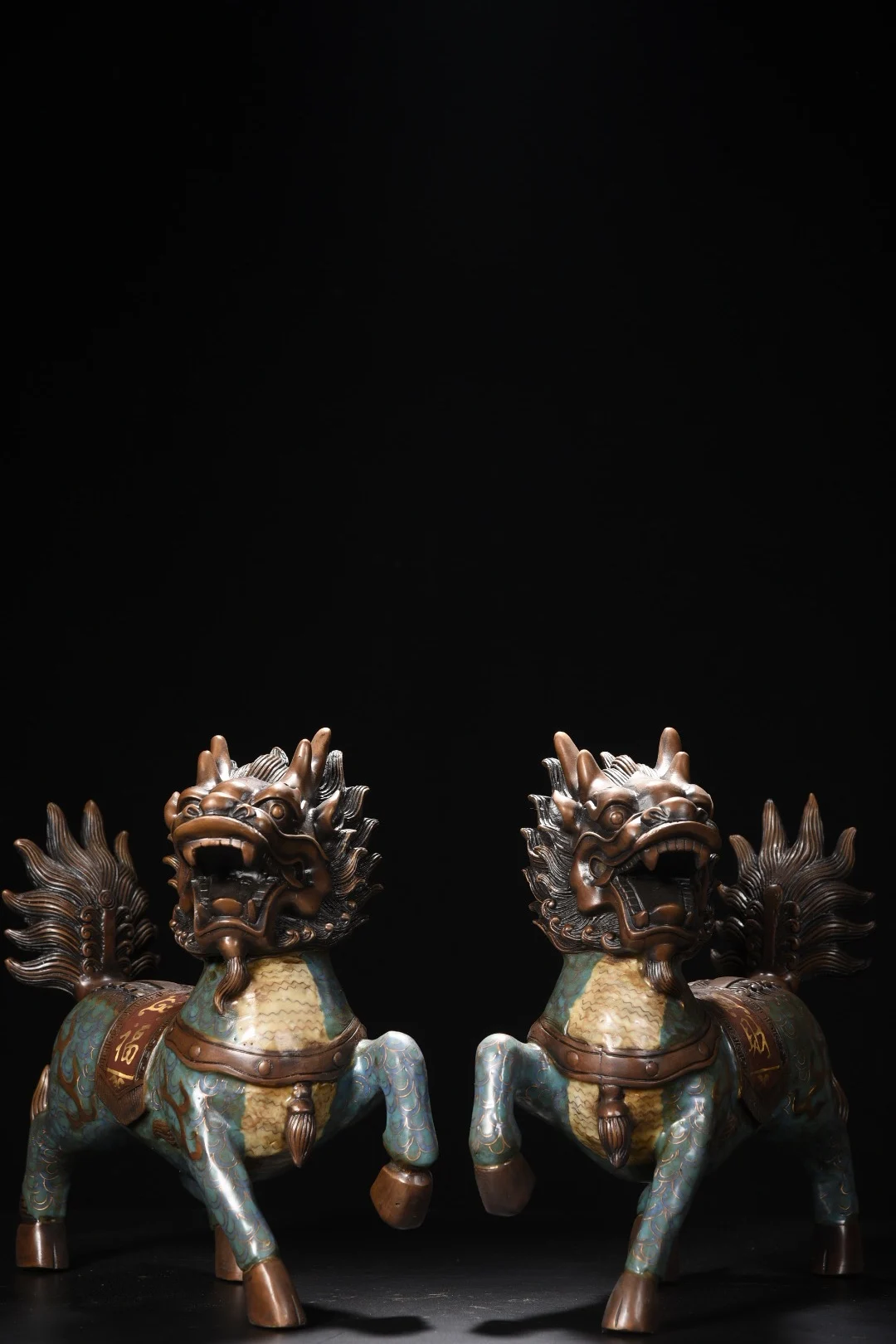 

14"Tibetan Temple Collection Old Bronze CloisonnE Enamel Kirin Statue Mythical Animals A Pair Amass wealth Town house Exorcism