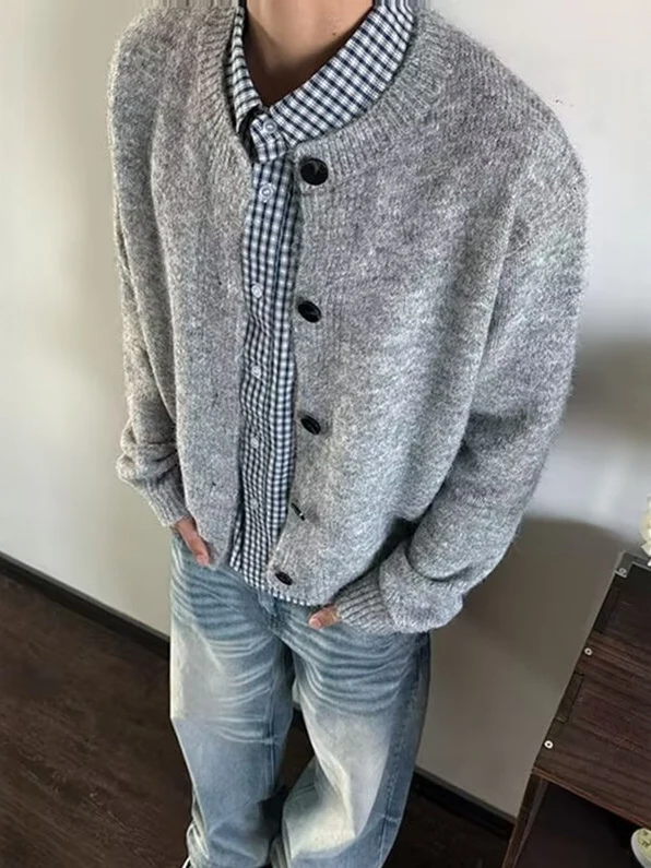 

Мужской вязаный кардиган с круглым вырезом, простой, с длинными рукавами, повседневная удобная дышащая теплая верхняя одежда для весны и осени