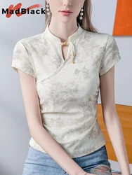 MadBlack Chinese Clothes Tshirts Women Sexy Stand Collar Print Slim Mesh Tops Short Sleeve Elastic Tee Summer New 2024 T443127JM