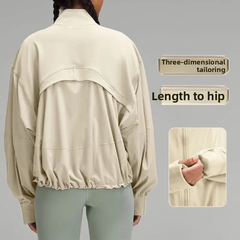 

Light luxury fashion stand collar loose women's yoga suit bat sleeve hem ties jacket windproof casual jogging sports jacket