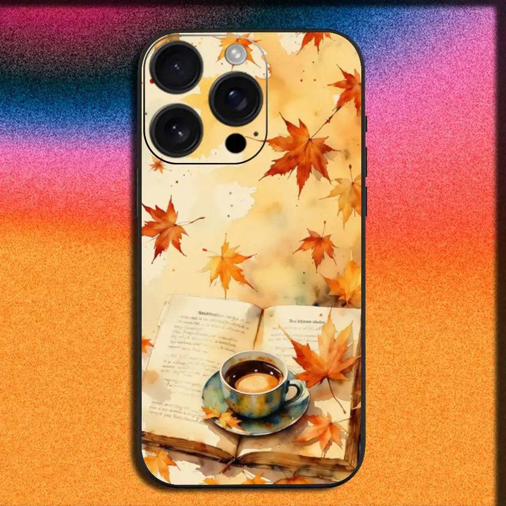 Libro da caffè con foglie autunnali per iPhone 17,16,15,14,13,12,11,Pro,Max,Plus,E,SE4,Air,Mini Cover nera per telefono