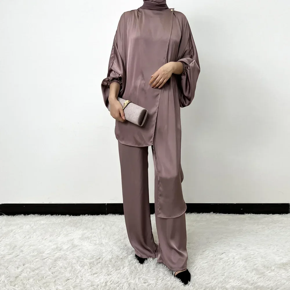 

New Irregular Fashion 2 Piece Suit Women Muslim Matching Set Abaya Dress Islam Clothes Ramadan Eid Tops Pants Femme Ensembles