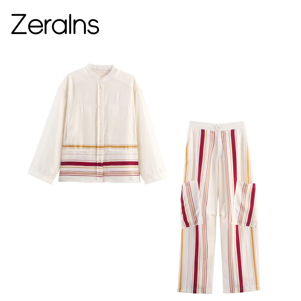 

ZERAINS, осень 2021, новая женская одежда, рубашка в контрастную полоску в европейском и американском стиле, комплект брюк в контрастную полоску