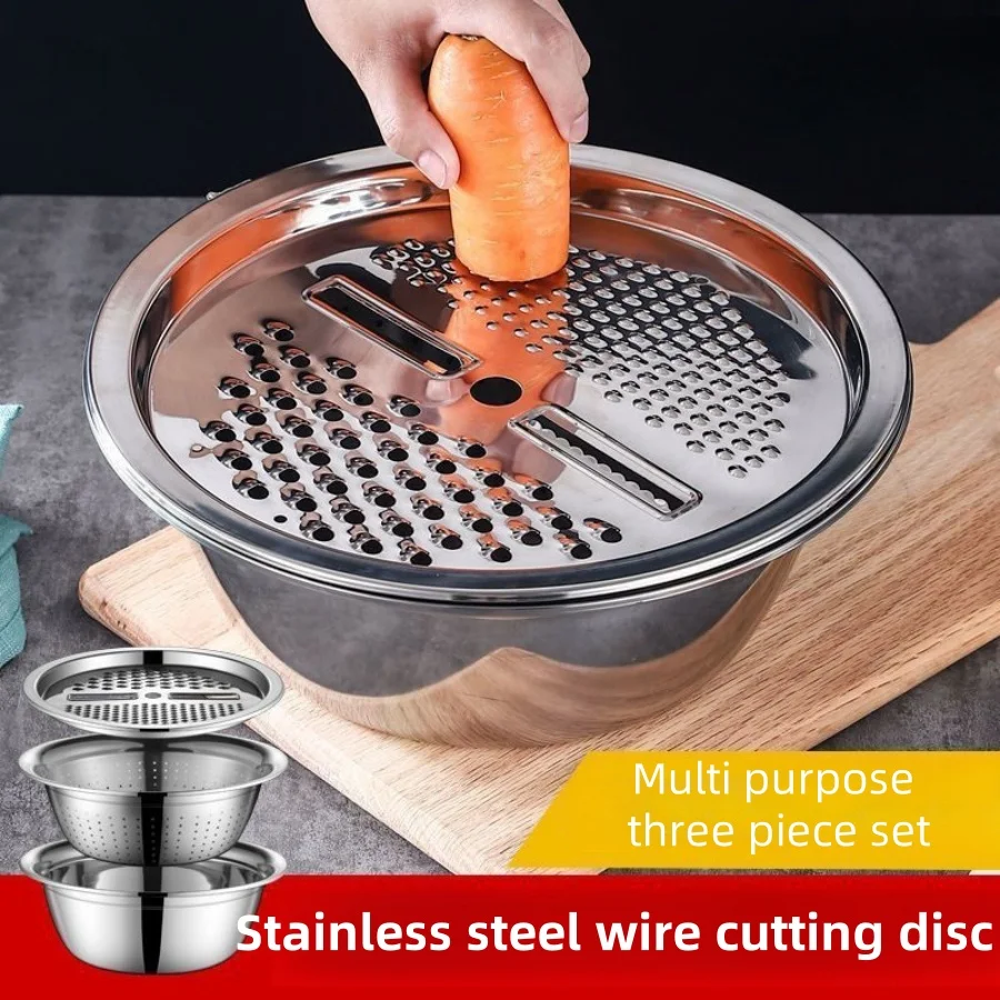 

Многофункциональное сито из трех частей из нержавеющей стали и миска для смешивания для мытья и нарезки фруктов, овощей