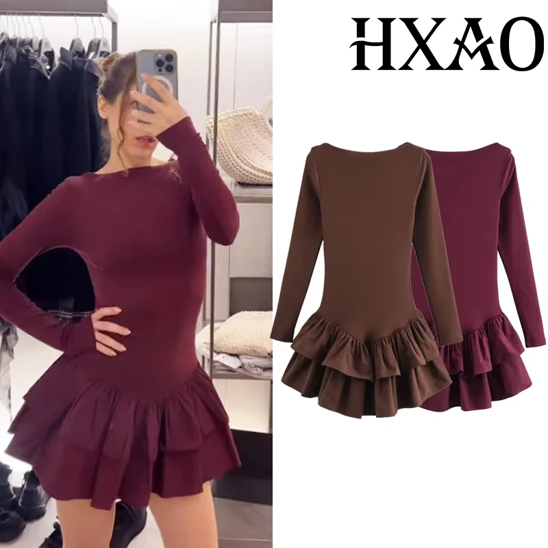 HXAO Damen Elegante Y2k Kurze Kleider 2025, Frühling, Langarm, Minikleider, Damenmode, lässig, niedlich, Partykleid, Vestidos