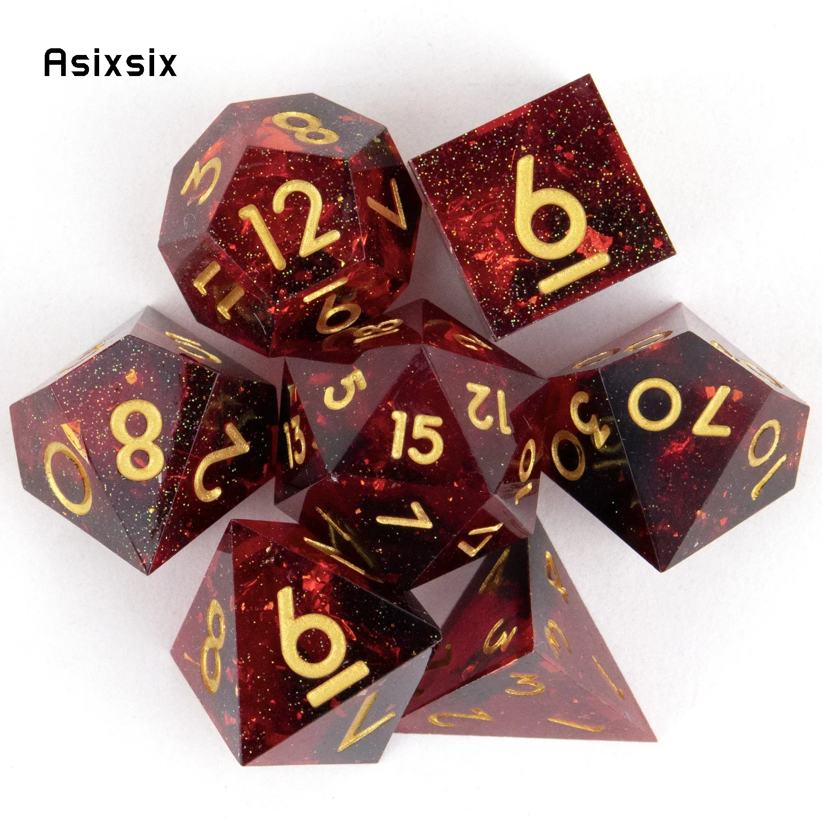 

7 Pcs Red Resin Golden Number Sharp Edge Dice Polyhedral Dice