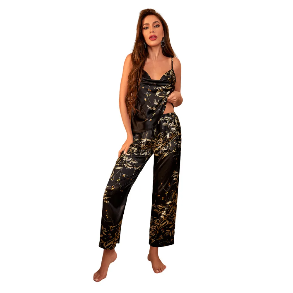 Sexy suspender pijamas conjunto de verão feminino cetim pijamas calças ternos impressão flor pijama solto casa wear pijamas