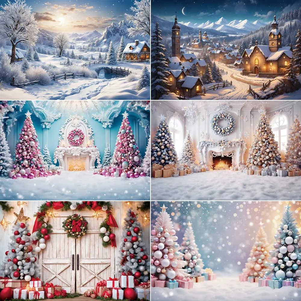 

MOON.QG 2025 Winter Christmas Fireplace Tree Village Gift Background Xmas Gingerbread House Photo Backdrop Baby Photography Prop