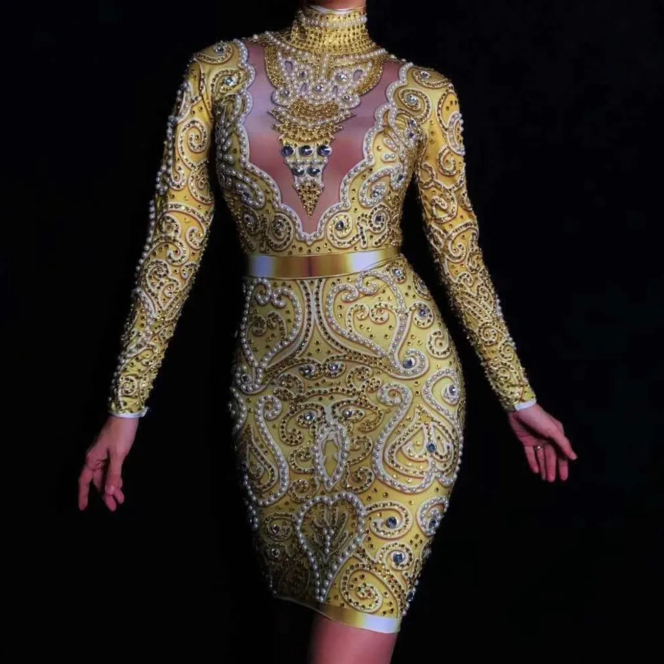 Black Gray Gold Rhinestones Pearls Long Sleeves Dress Sexy Spandex Women Singer Outfit Birthday Celebrate Evening Dress