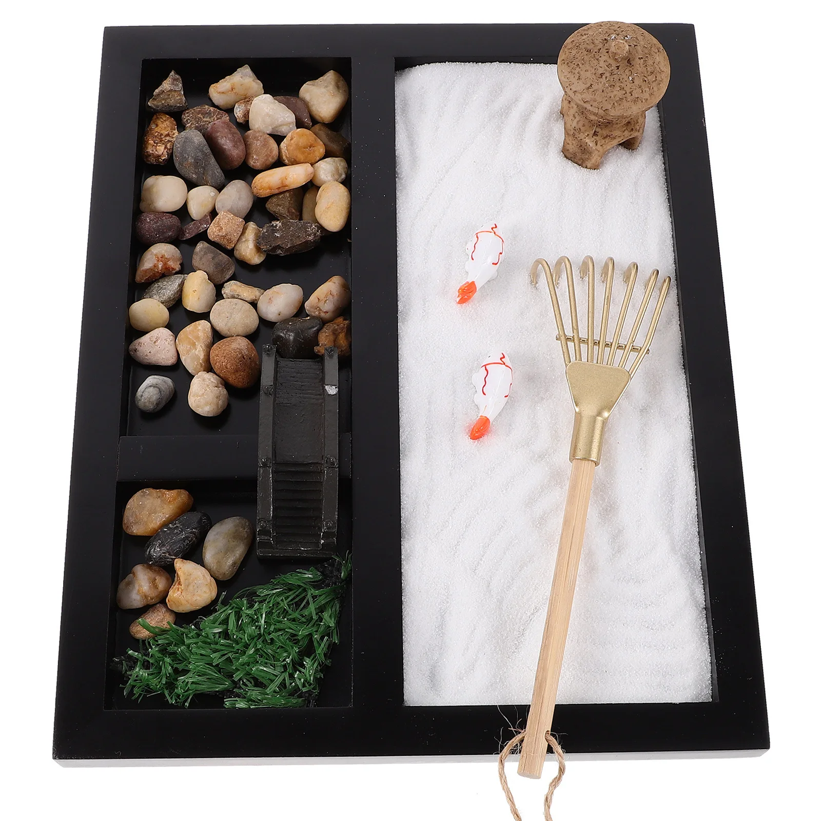 Mini Zen Garden - Dekoracja z piaskiem, stolik z piaskiem z grablią, czarna piaskownica na biurko do medytacji, relaksu, dekoracja biurka w biurze, do użytku w pomieszczeniach