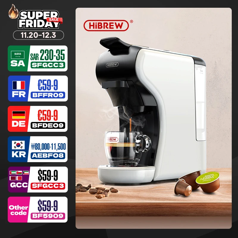 HiBREW 4 em 1 Máquina de café cápsula múltipla totalmente automática com máquina de espuma de leite quente e frio e conjunto de bandeja de plástico