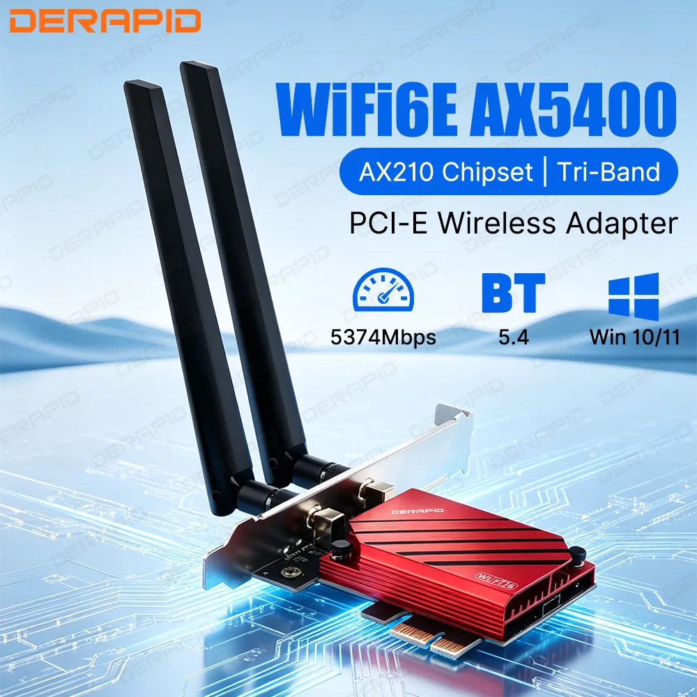 

AX210 WiFi 6E PCIe Wireless Adapter Bluetooth 5.4 Tri Band 2.4G 5G 6GHz 802.11ax MU MIMO Network Card for Win10 11 Desktop PC