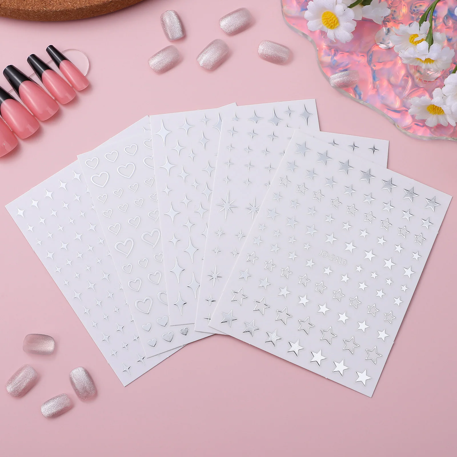 Silver Star Nail Stickers Heart Pattern Manicure Decals For Diy Nail Art Decoration Glitter Adhesive Design Small Sparkle