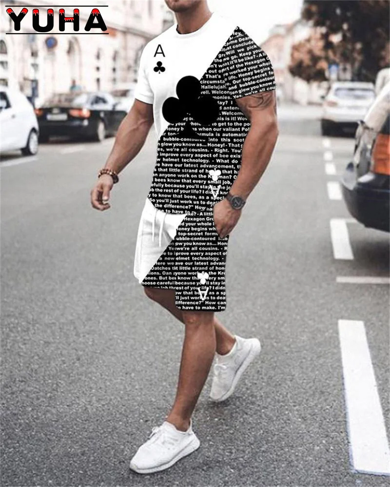 YUHA, traje de tendencia de verano para hombre, conjunto de pantalones cortos de playa informales, ropa con estampado 3D, camiseta de cuello redondo