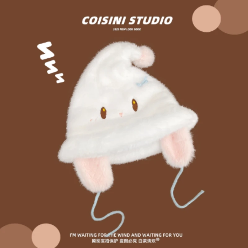 Japanese cartoon sweet bow plush bucket hats women's winter outdoor ear protection warm pointed top lace-up basin caps