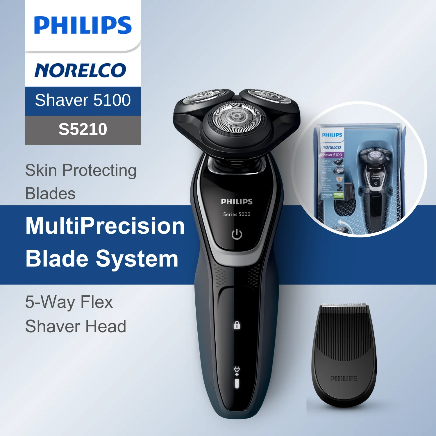 Philips Norelco Razor Shaver  series 5000 S5210, Wet & Dry, One Trimmer, Quick Charge,  MultiPrecision Blade System