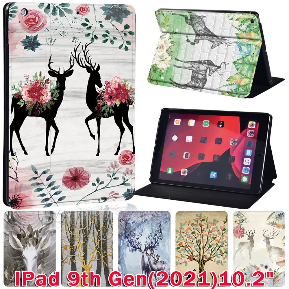 Folding Protective Shell for Apple iPad 10.2 inch 9th Generation 2021 Shockproof Deer Series Leather Flip Tablet Cover Case