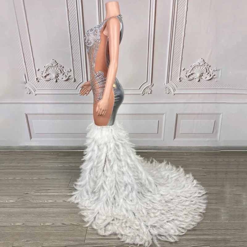 Sexy  Birthday Dress Mesh Rhinestones Wedding Gown Women Feather Stage Catwalk Outfit Celebrate Costume Evening Dresses