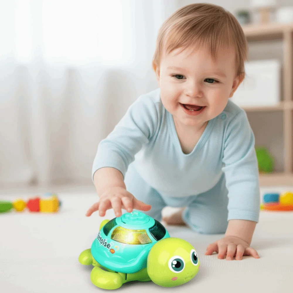 Plastikowa, muzyczna żółwia raczkująca, symulująca dźwięki i światło, składająca jaja, żółw, zabawka edukacyjna dla najmłodszych, ozdoba, muzyczna żółwia.