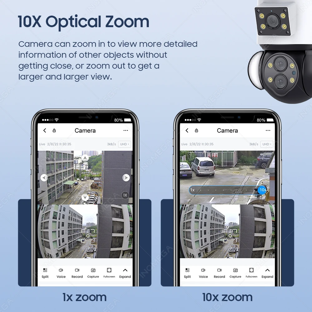 INQMEGA 10X Zoom ottico 4MP Multiple Linkag Two waye Alarm Motion Tracking Camera Lens PTZ Dual Camera Smart Floodlight Camera