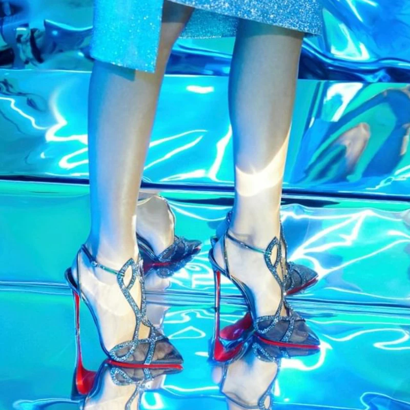 

Cristal Bling Bling dames talons aiguilles maille pointue ceinture creuse boucle pompesété nouvelle mode Sexy défilé