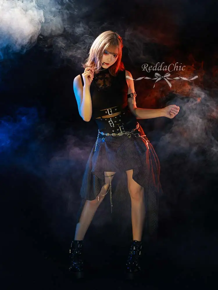 REDDACHiC Lace Hollow Sleeveless Top Skirt Women Set Goth Black Stripe Bustle Skirt Belt Tank Top Grunge Music Festival Outfits image 5