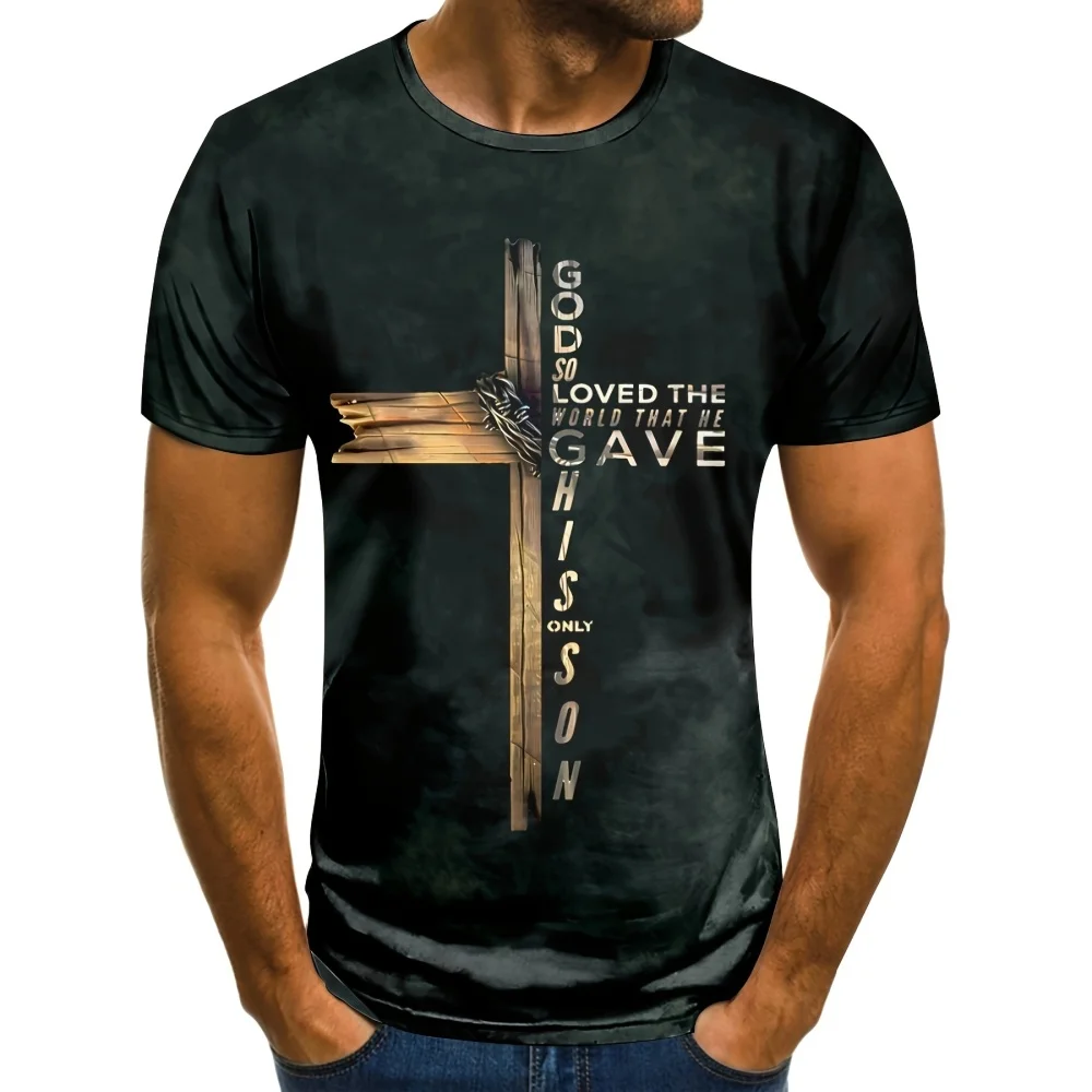 Cross Print Men's Graphic Design Crew Neck T-shirt Casual Tshirts For Summer Men's Clothing Tops For Daily Gym Workout Running image 3