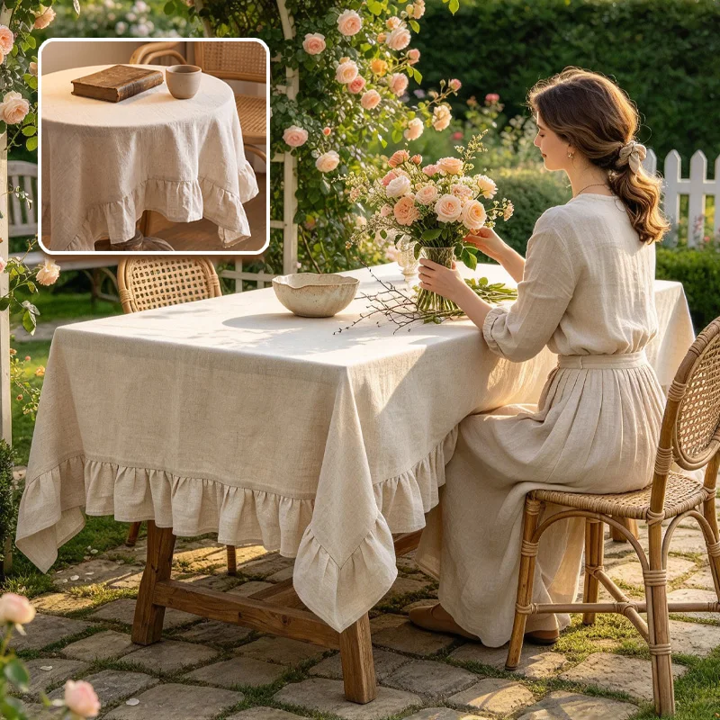 Large Rustic Tablecloth Ruffle Trim Solid Beige Rectangular Linen Table Cloth for Restaurant Holiday Dinner Table Decoration