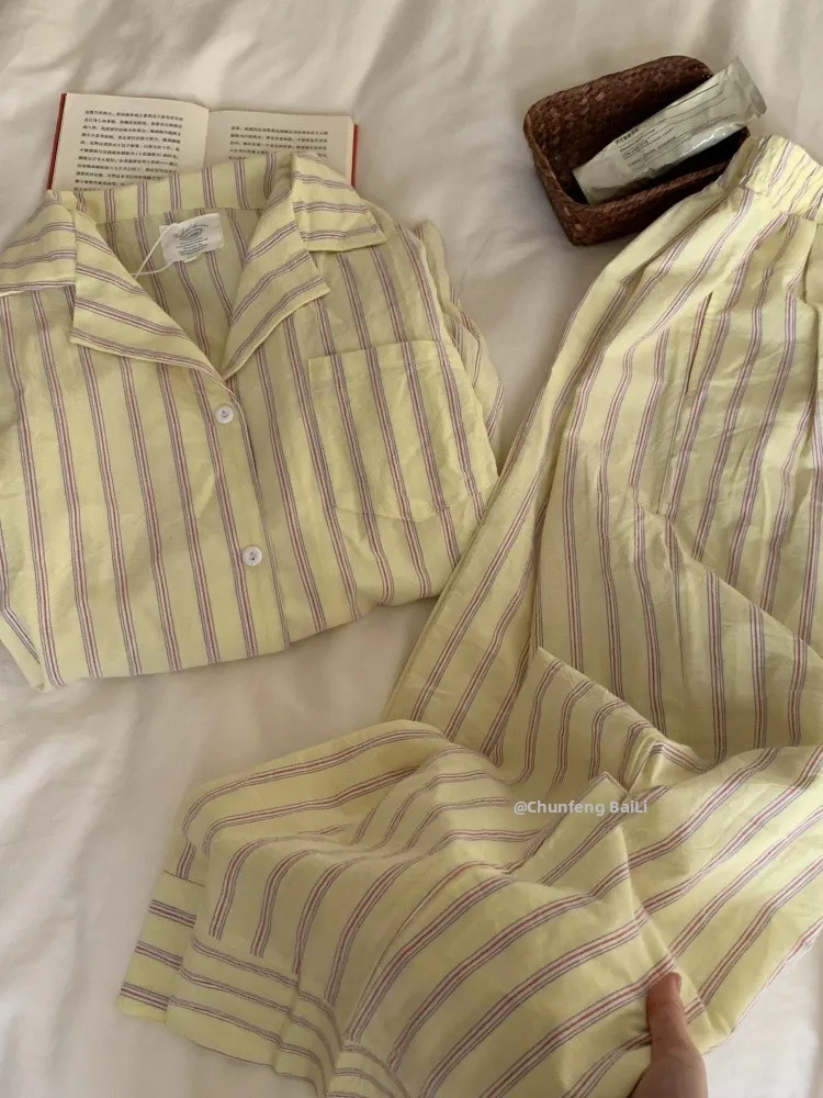 Spring Autumn Korean Style Long Sleeve Long Pants Striped Sleepwear Set Women's Lazy Sweet Home Clothes Cotton Polyester Blend