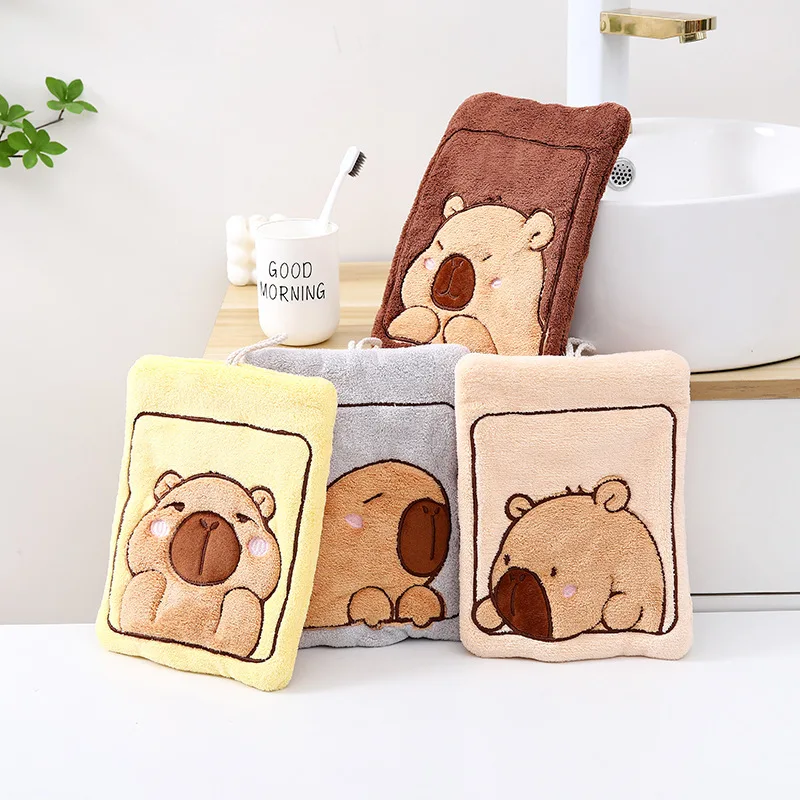 Hanging Cute Capybara  Hand Towel Quick Drying Kitchen Cleaning Rag Coral Velvet Cartoon Animal Absorbent Bathroom Home Supplies
