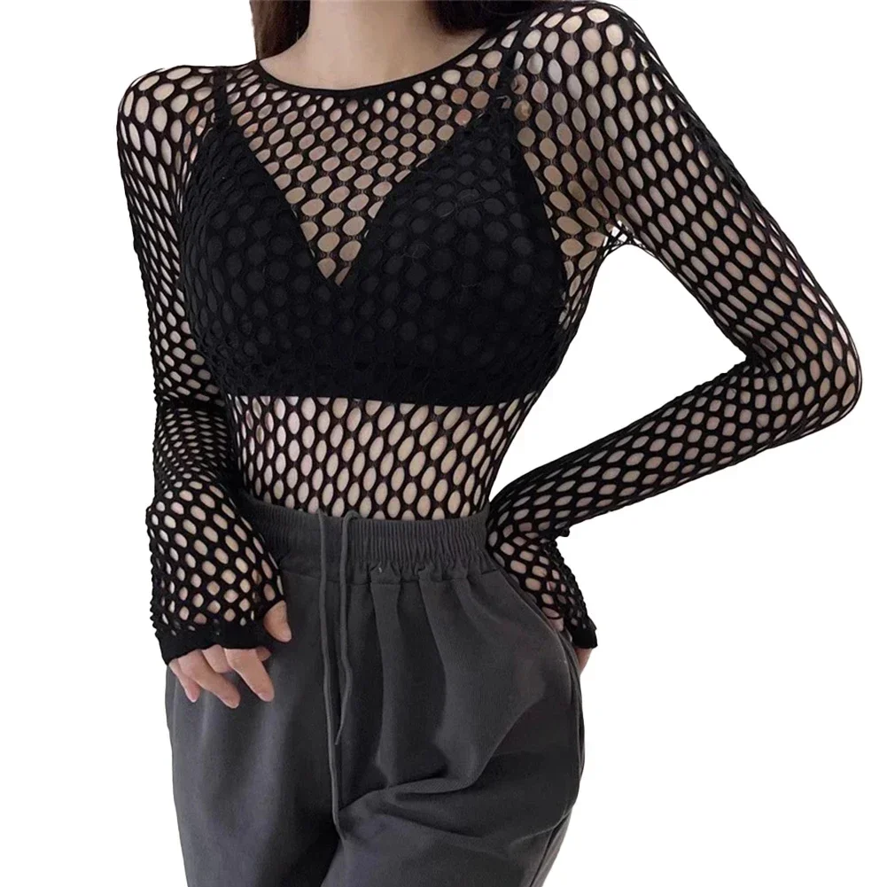 Damskie seksowne siateczkowe topy z długim rękawem Fun Hollow Fashion Fishnets Slim Fit Tops