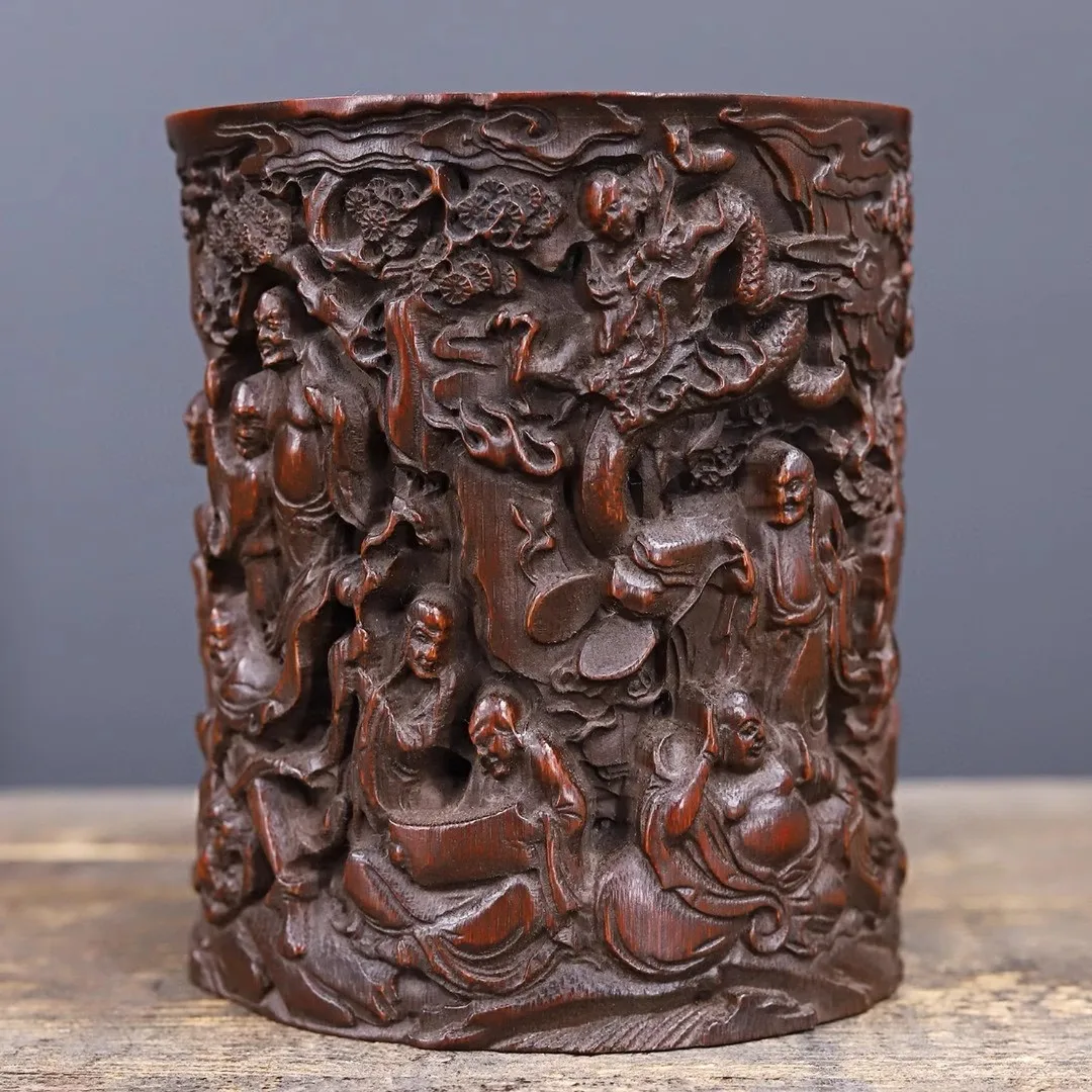 10 CM Rare China Old Wood Brush Pot Natural Boxwood 18 Buddhist Saints Brush Pot Pen Holder