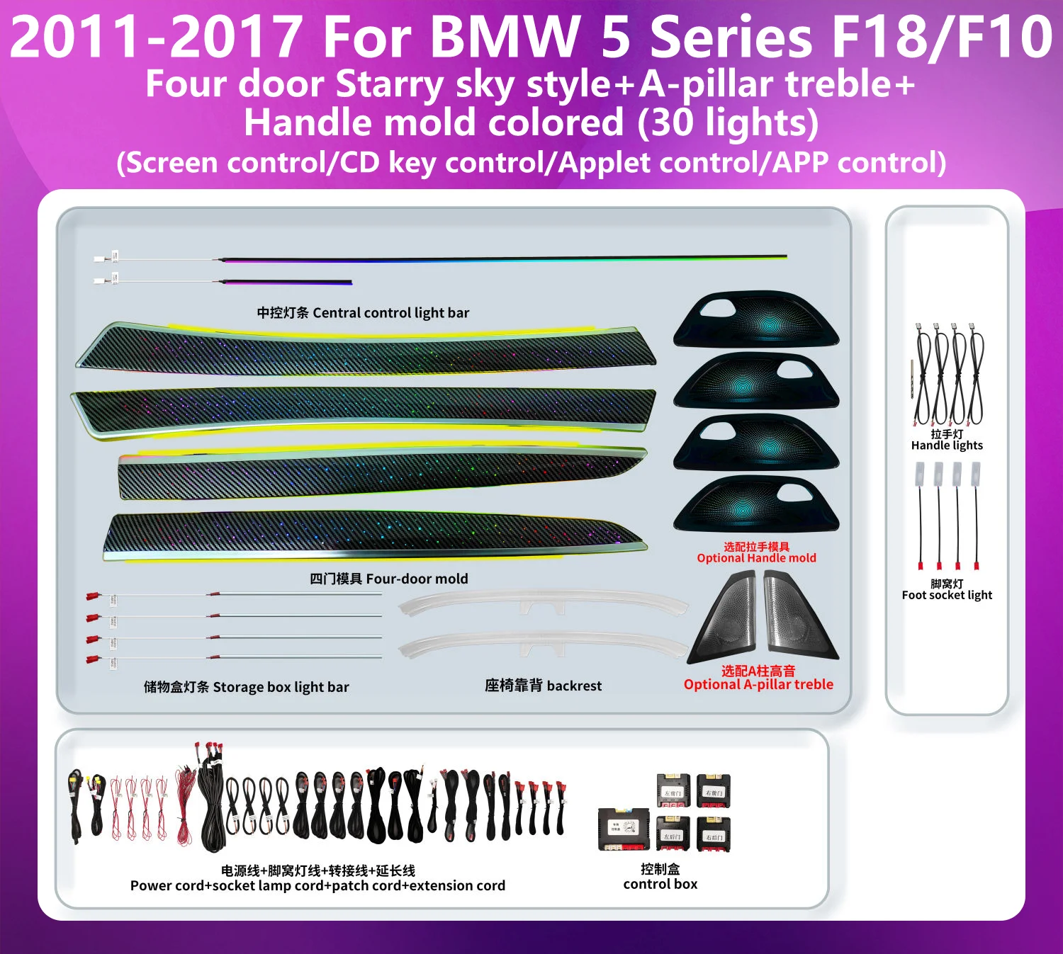 Dynamic Color Changing LED Car Interior Ambient Light Integrated All-in-One Upgrade STARRY Kit Designed for BMW 5 Series F18 F10