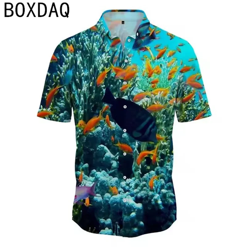 Men's Beach Casual Shirt Ocean Underwater World Pattern Hawaiian Vacation Style Blouse Tops Summer Short Sleeve Lapel Shirt Tops