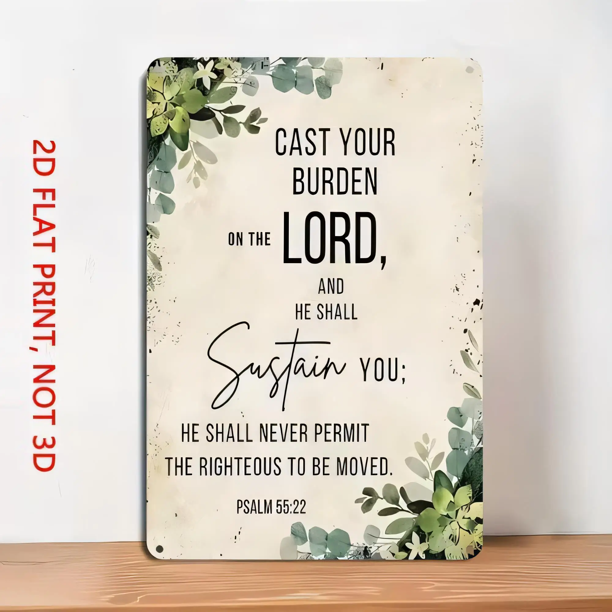 Tin Sign Cast Your Burden on the Lord Psalms 55:22 Christian Vintage Metal Plaque Wall Art Farmhouse Eucalyptus Leaves Religious