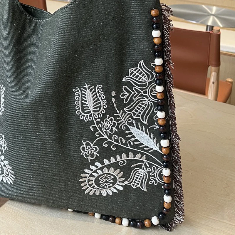 Bohemian Tote Bags For Women Luxury Designer Handbag And Purses 2026 New In Canvas Cashew Flower Tassel Beaded Underarm Shoulder