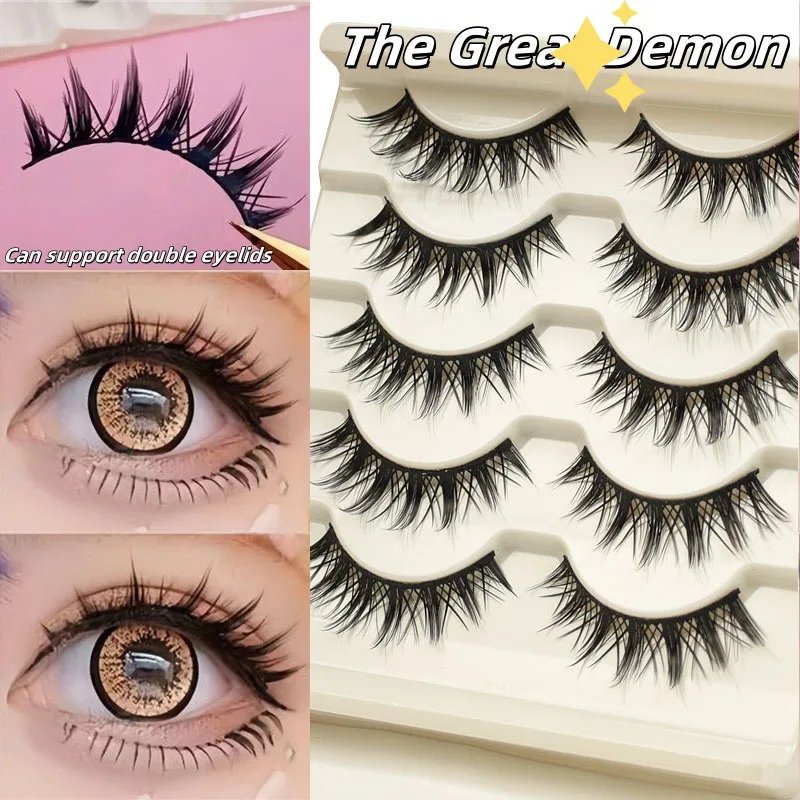 5 أزواج من الرموش الصناعية الشيطانية ذات الجذع الأسود، وذيل مدبب مزدوج الجفن، والرموش الطويلة والسميكة