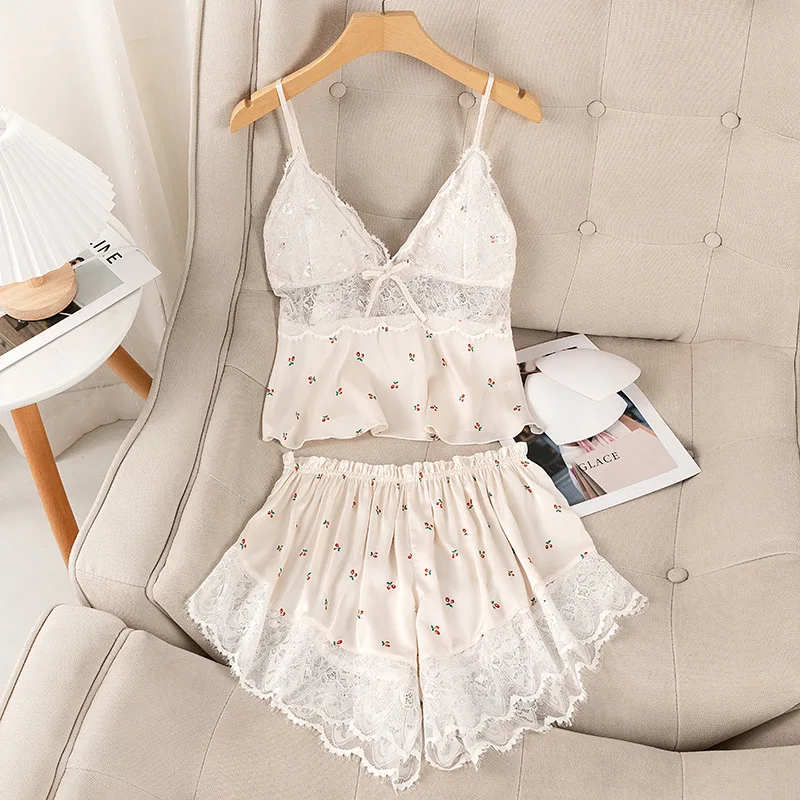 Summer Print Pyjamas Suit Women Sleepwear Lace Hollow Out Pajamas Set Sexy Strap Top&Shorts PJS Lingerie Satin Homewear