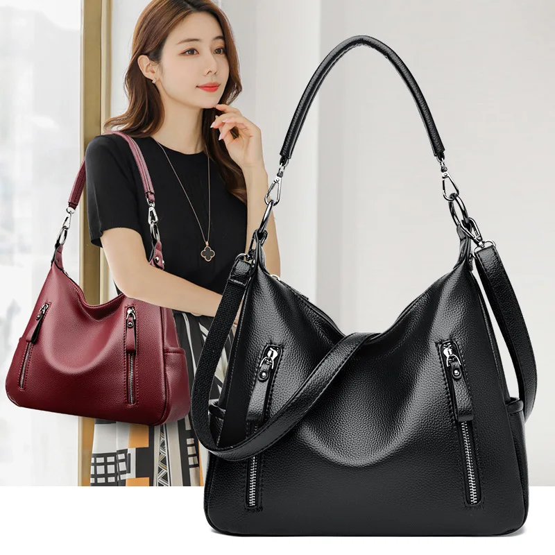 Bag Ladies' Mom Bag Soft Leather Women's Bag2024New Portable Large Bag Casual All-Match Middle-Aged Shoulder Messenger Bag