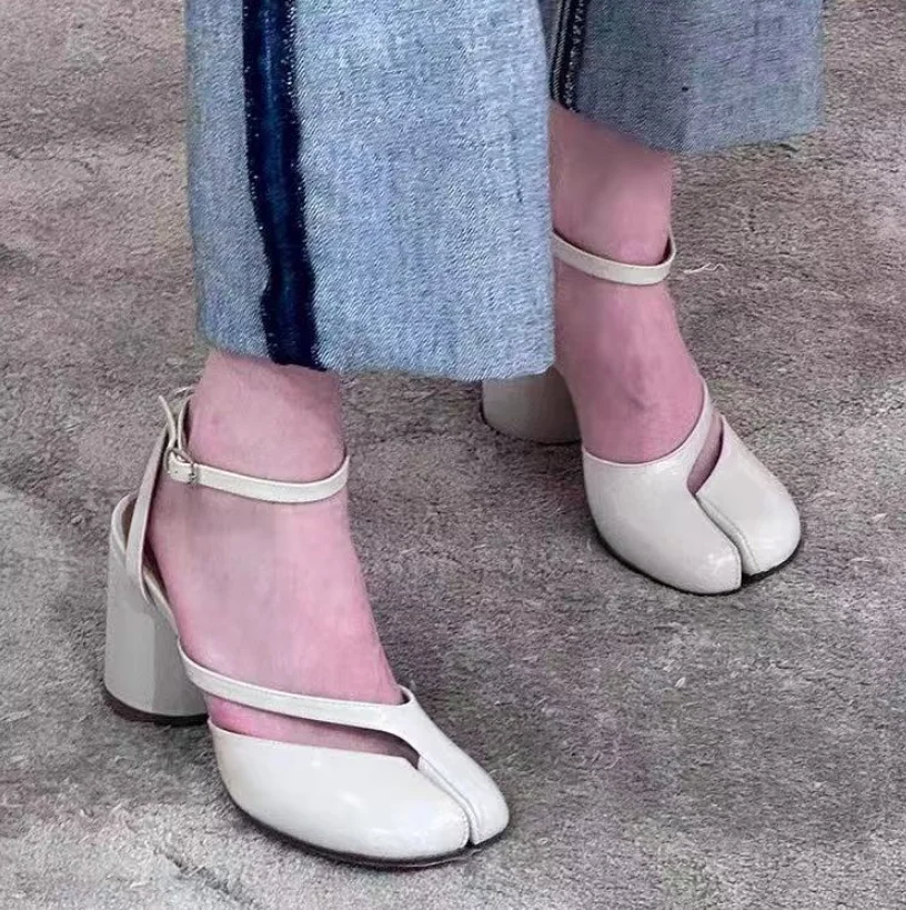 Spring Summer Fashion Soft Leather Split Toe Women Pumps Casual Comfortable 38cm High Heeled Slingbacks Tabi Ballet Shoes A0062