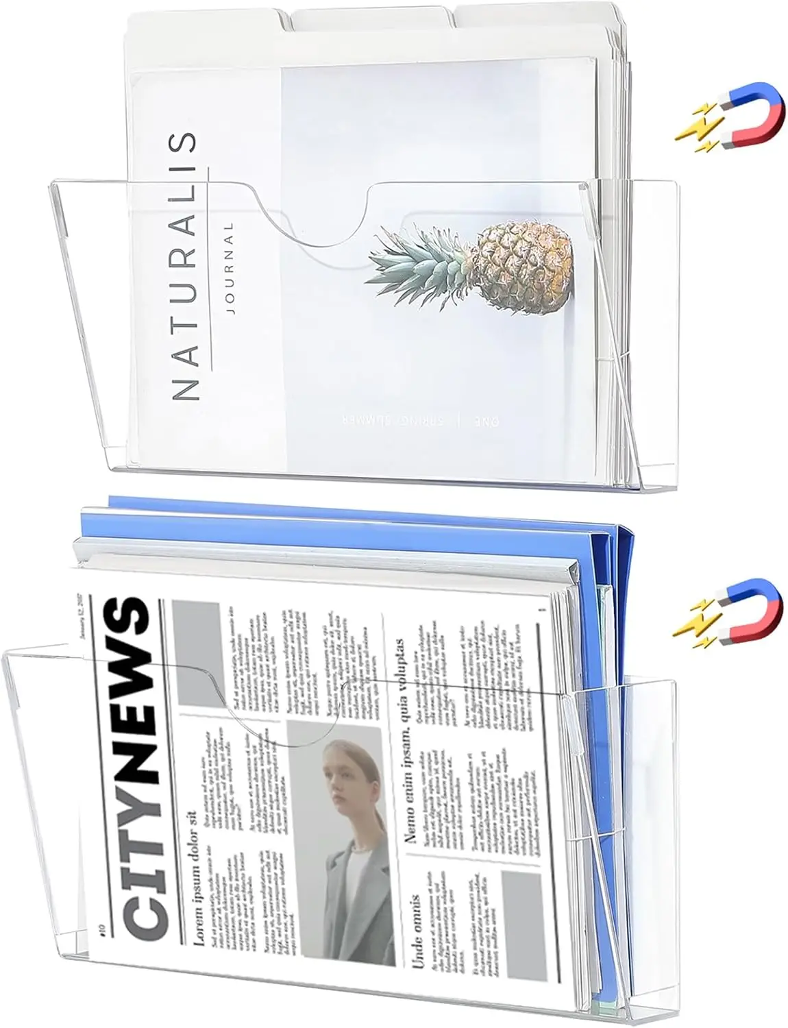 

Набор из 2 прозрачных акриловых магнитных держателей для файлов — подставка для журналов для шкафов, органайзер для почты на холодильник или доску