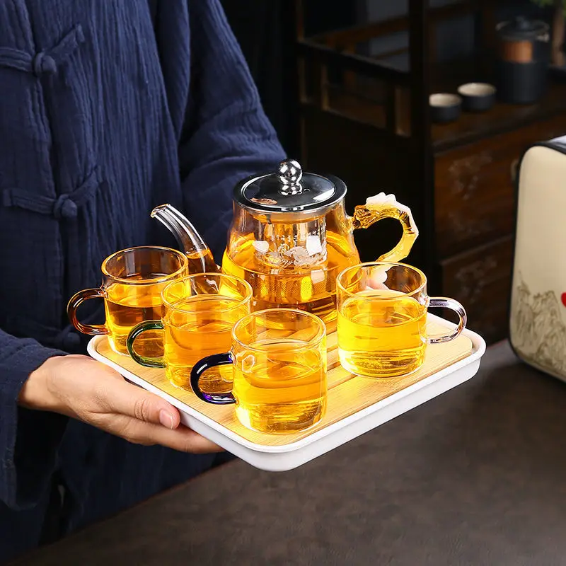 Portable Chinese Gongfu Tea Set Heat Resisting Borosilicate Glass Teapot Tea Tray Teacups Sets A Pot Of Four Cups Gift Bag